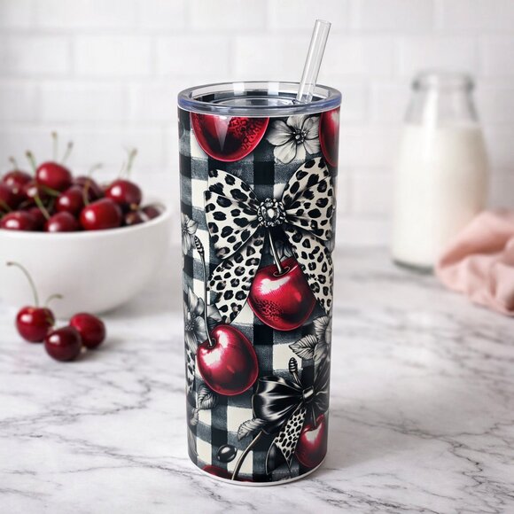 The Crowing Hen of Clayton Other - Rockabilly Cherry Leopard Bow 20 oz Skinny Tumbler | Retro Pinup Tumbler